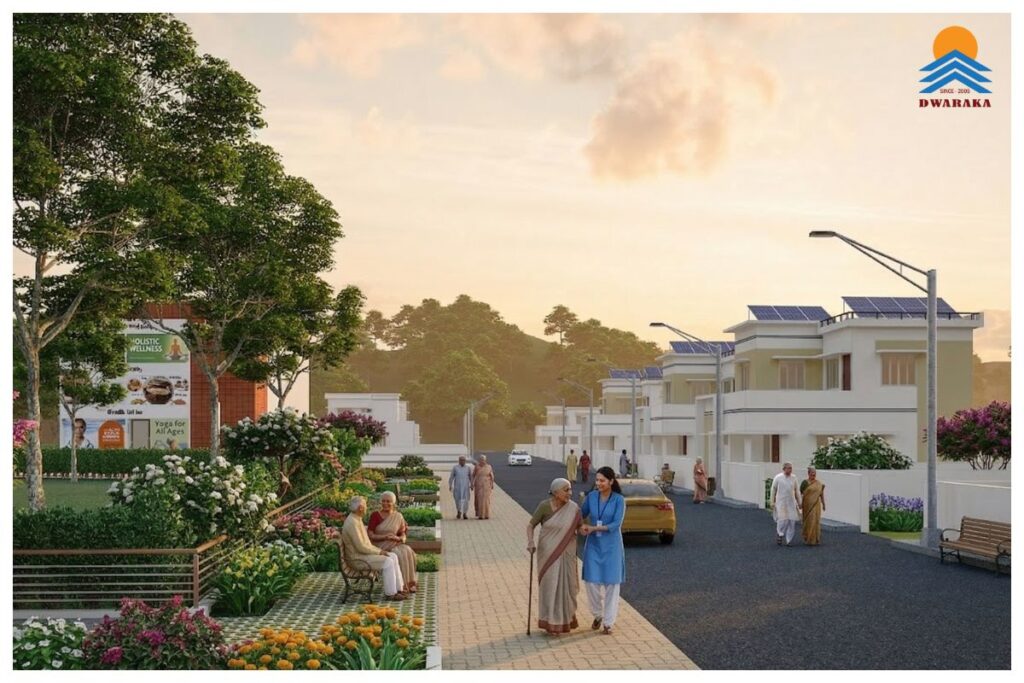 Senior citizens walking and chatting inside a peaceful senior living township, Ujjeevana.