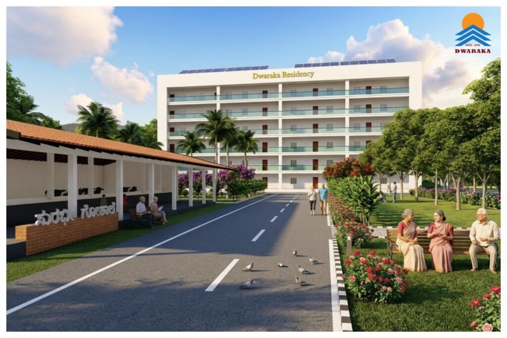 Independent senior living villas along a wide internal road in a retirement township, Ujjeevana.