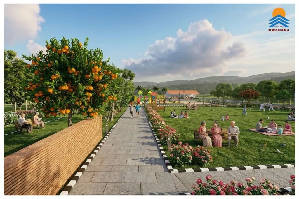 Retired couple relaxing outside their senior living villa in a peaceful township, Ujjeevana