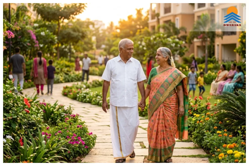 Active elderly couple walking together in a landscaped garden at Ujjeevana, a senior living retirement township in Karnataka, India