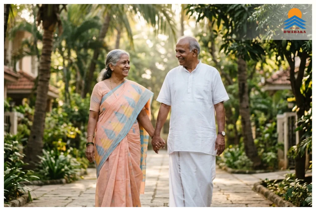 Elderly Indian couple walking hand-in-hand on a tree-lined path inside a senior living retirement community, Ujjeevana