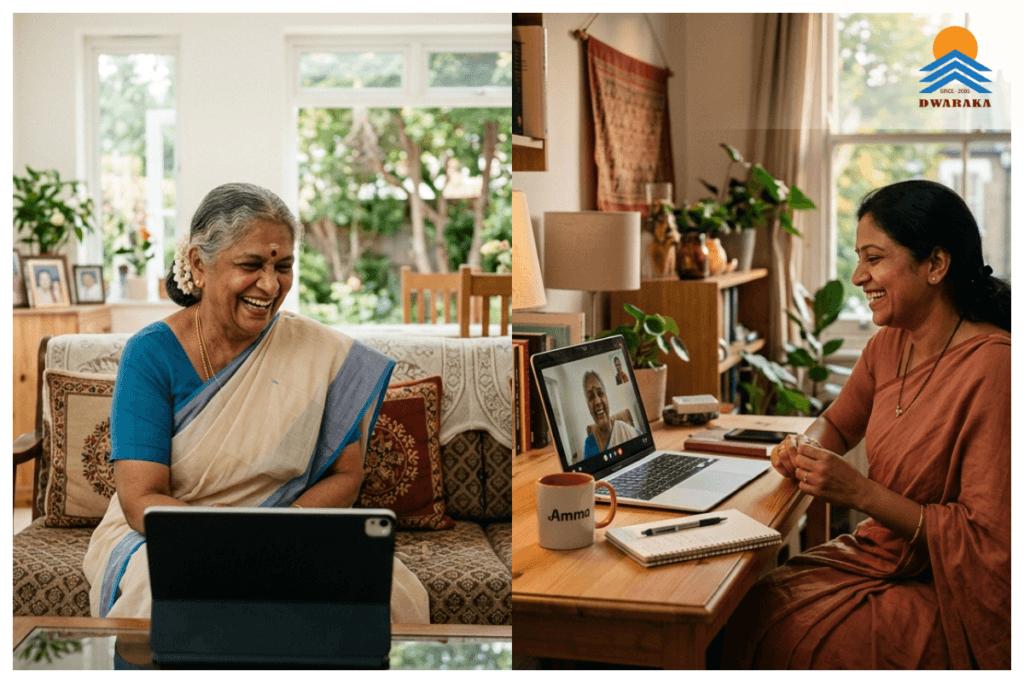 Adult child on a video call with elderly parents in India, representing peace of mind offered by Ujjeevana retirement township.