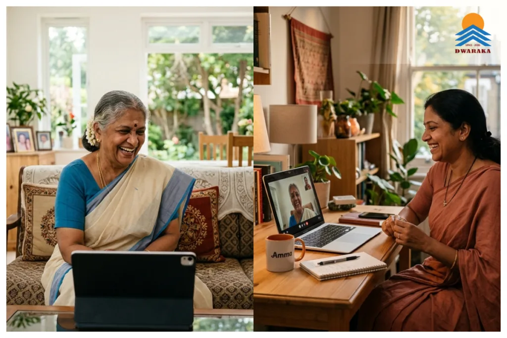 Adult child on a video call with elderly parents in India, representing peace of mind offered by Ujjeevana retirement township.