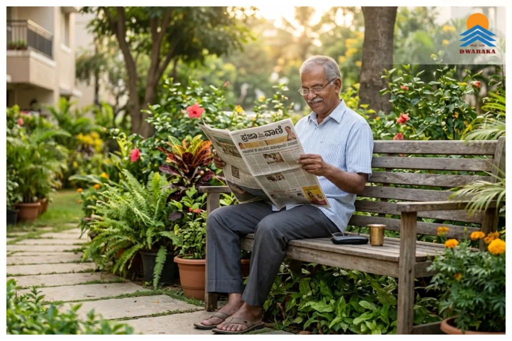 Senior Indian man sitting relaxed in a community garden, in Ujjeevana, an independent living at a retirement township in Karnataka.