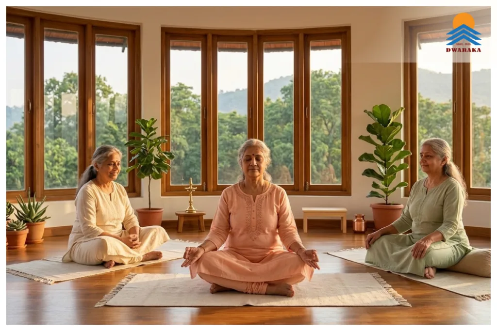 Senior women practising yoga and meditation at a wellness centre (Dhyana Mandira) inside Ujjeevana retirement township, Dakshina Kannada